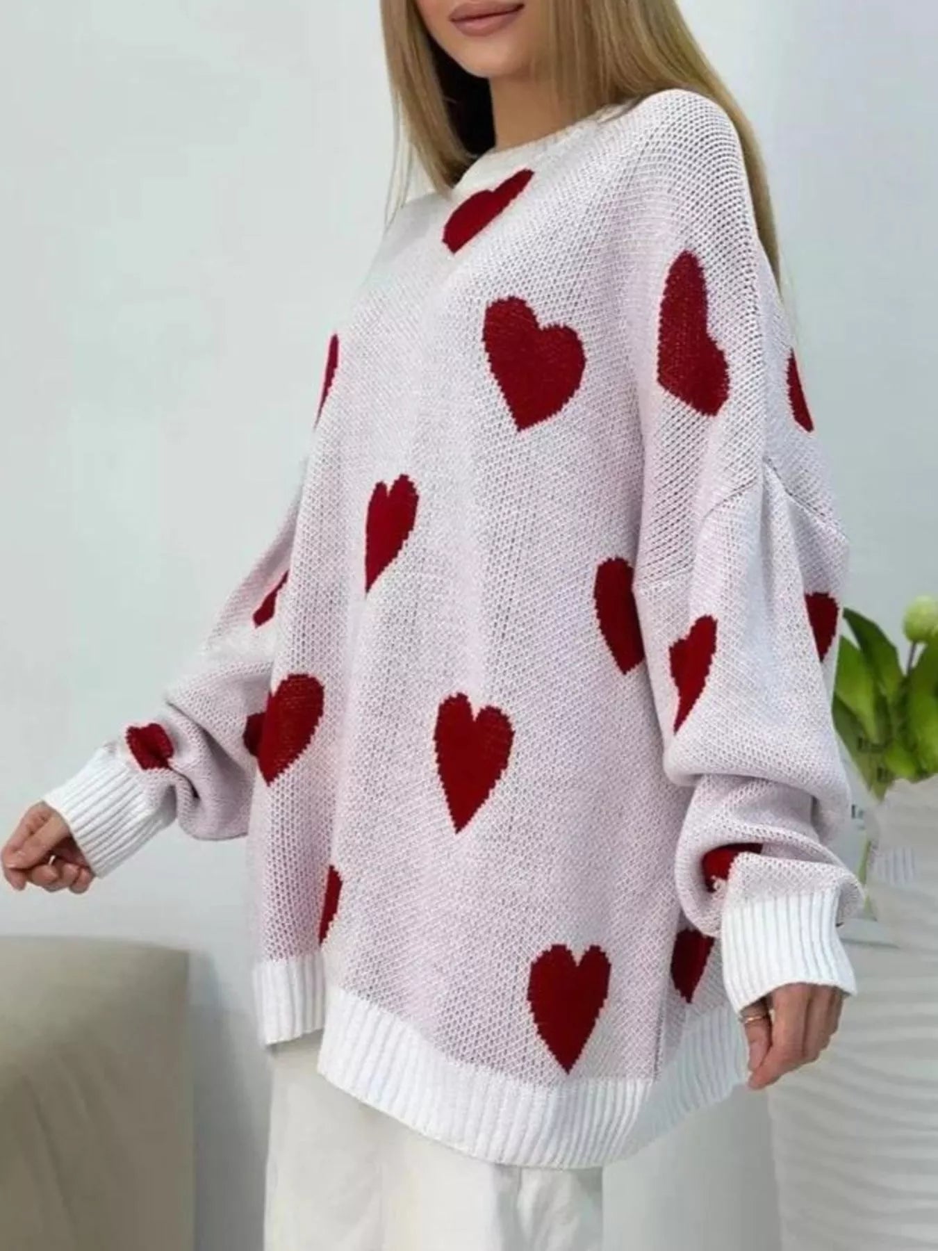 Heart Round Neck Oversized Knit Sweater