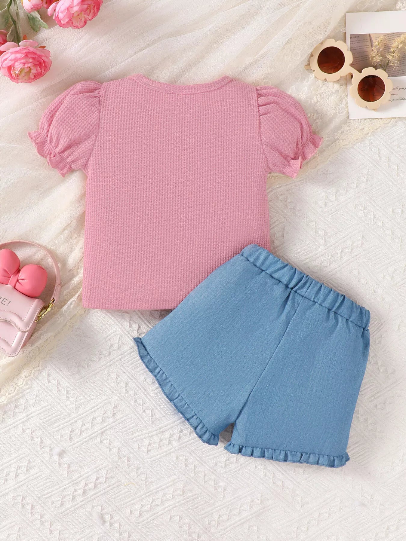 Children's Bowknot Ruffle Trim Top and Shorts Set