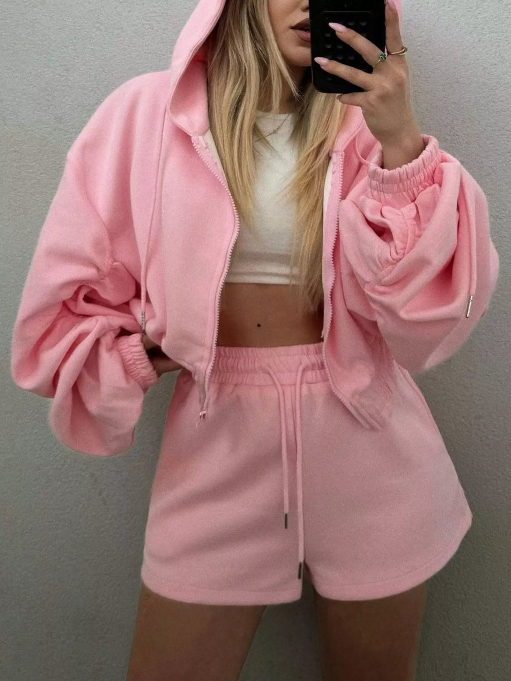 Zip Up Drawstring Outerwear and Shorts Set