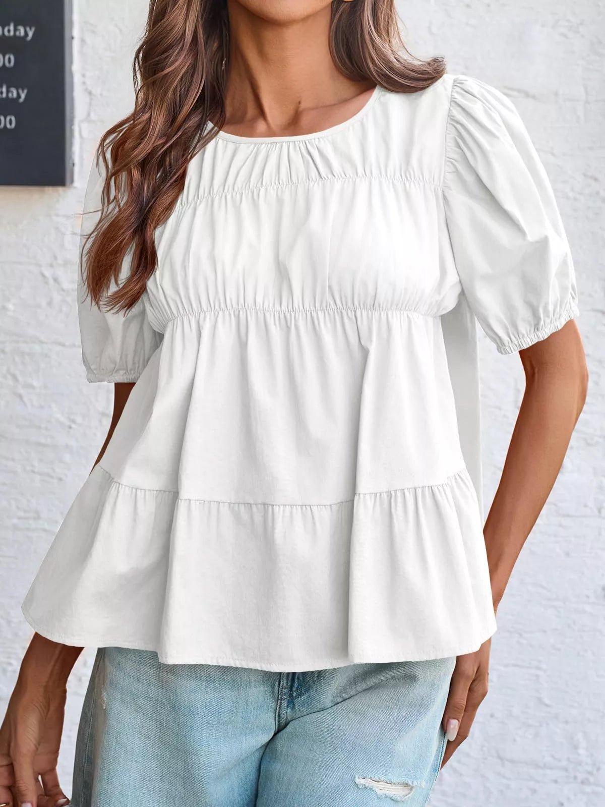 Ruched Tiered Puff Sleeve Blouse