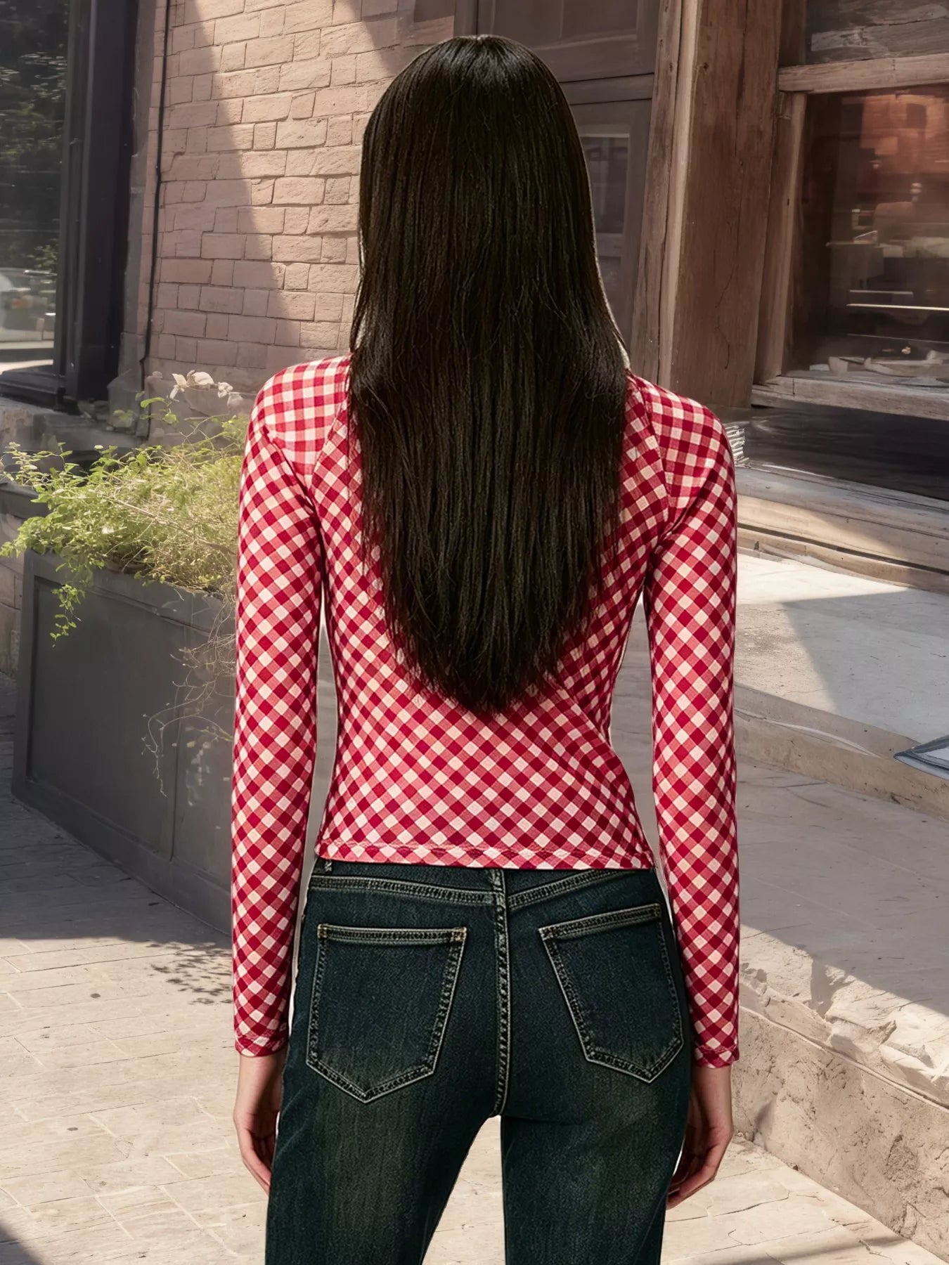 Gingham Tie Front Long Sleeve Blouse