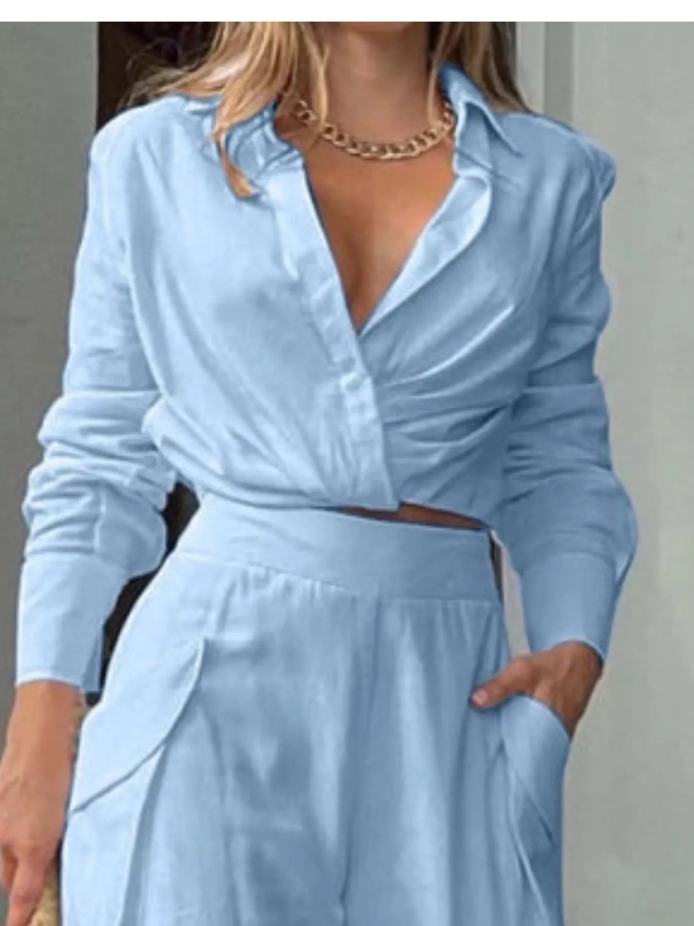 Long Sleeve Shirt and Wide Leg Pants Set
