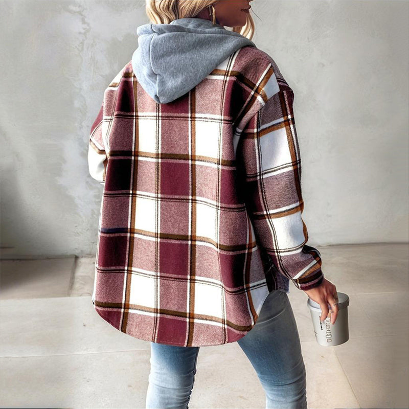 Plaid Drawstring Hoodie Shirt