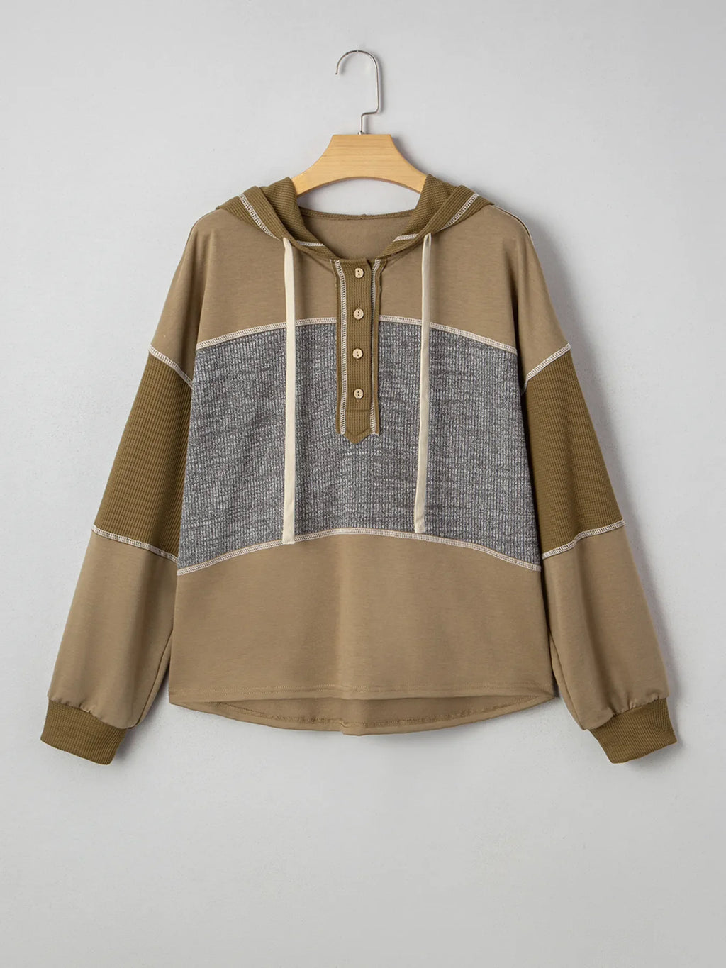 Mixed Texture Patchwork Exposed Seam Half Button Hoodie