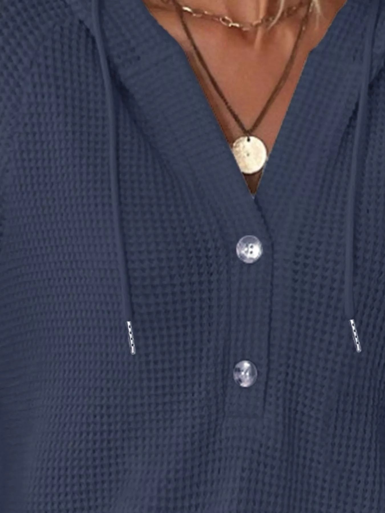 Full Size Button Detail Waffle Knit Hoodie Plus Size