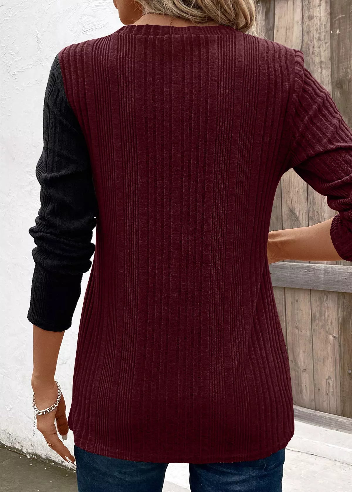 Color Block Ribbed Knit Decor Button T-Shirt