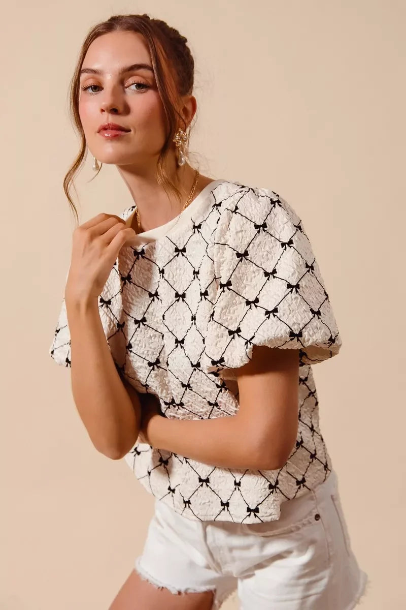 SO ME Bow Texture Woven Bubble Sleeve Top