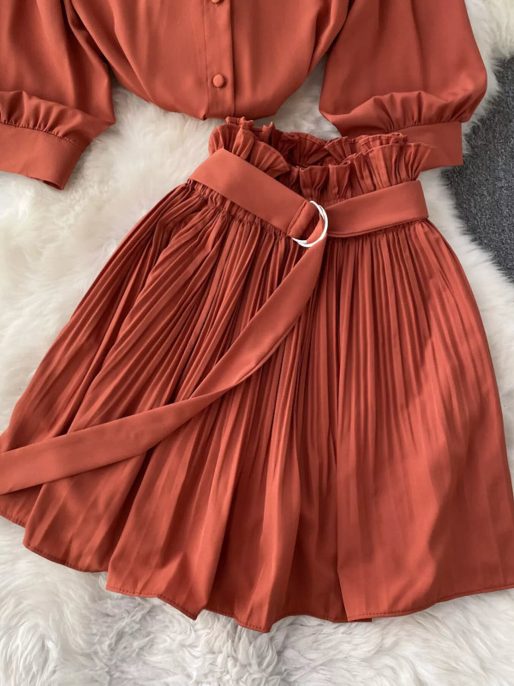 Puff Sleeve Shirt and Pleated Skirt Set