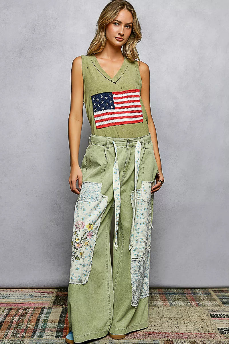 POL V-Neck Ribbed Tank with American Flag Patch and Star Back Patch
