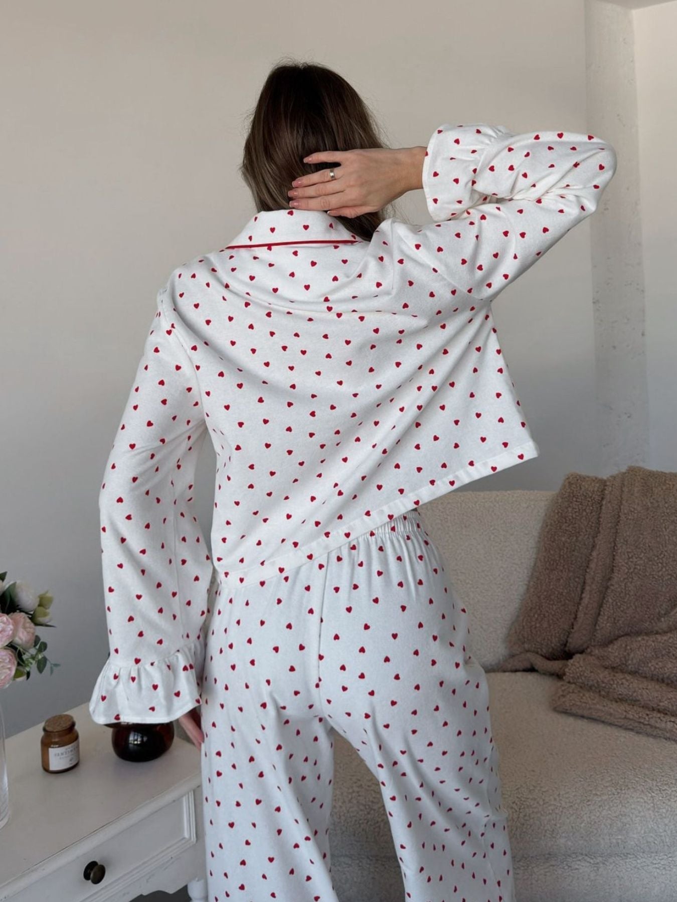 Heart Print Long Sleeve Top and Pants Lounge Set