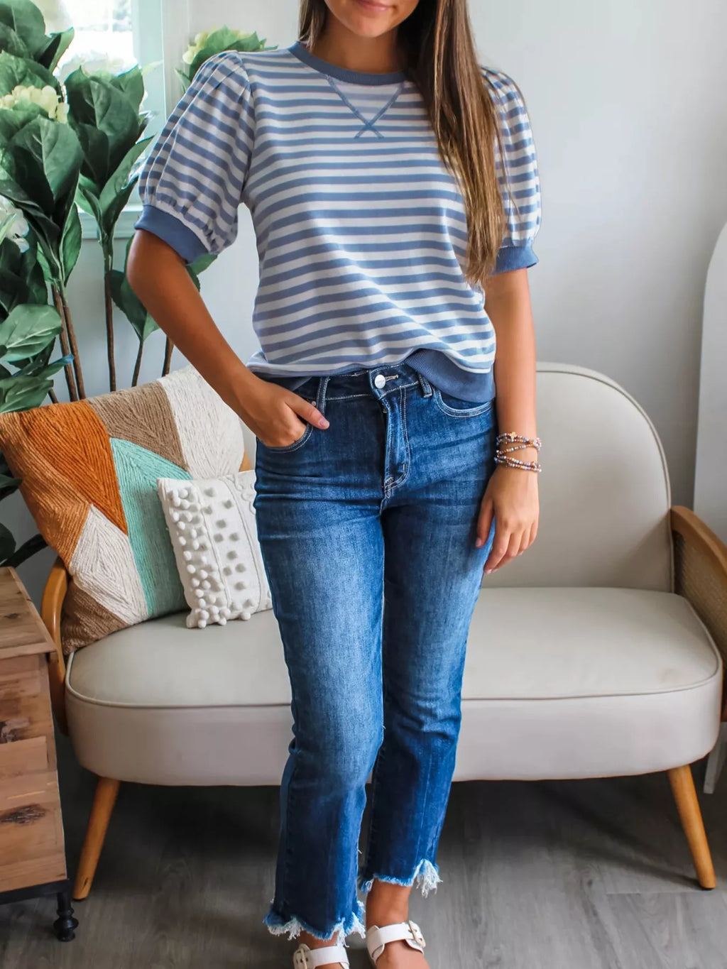 Stripe Short Bubble Sleeve T Shirt