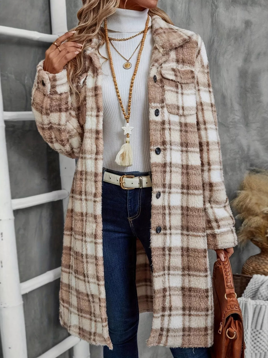 Plaid Fleece Button Up Longline Outerwear