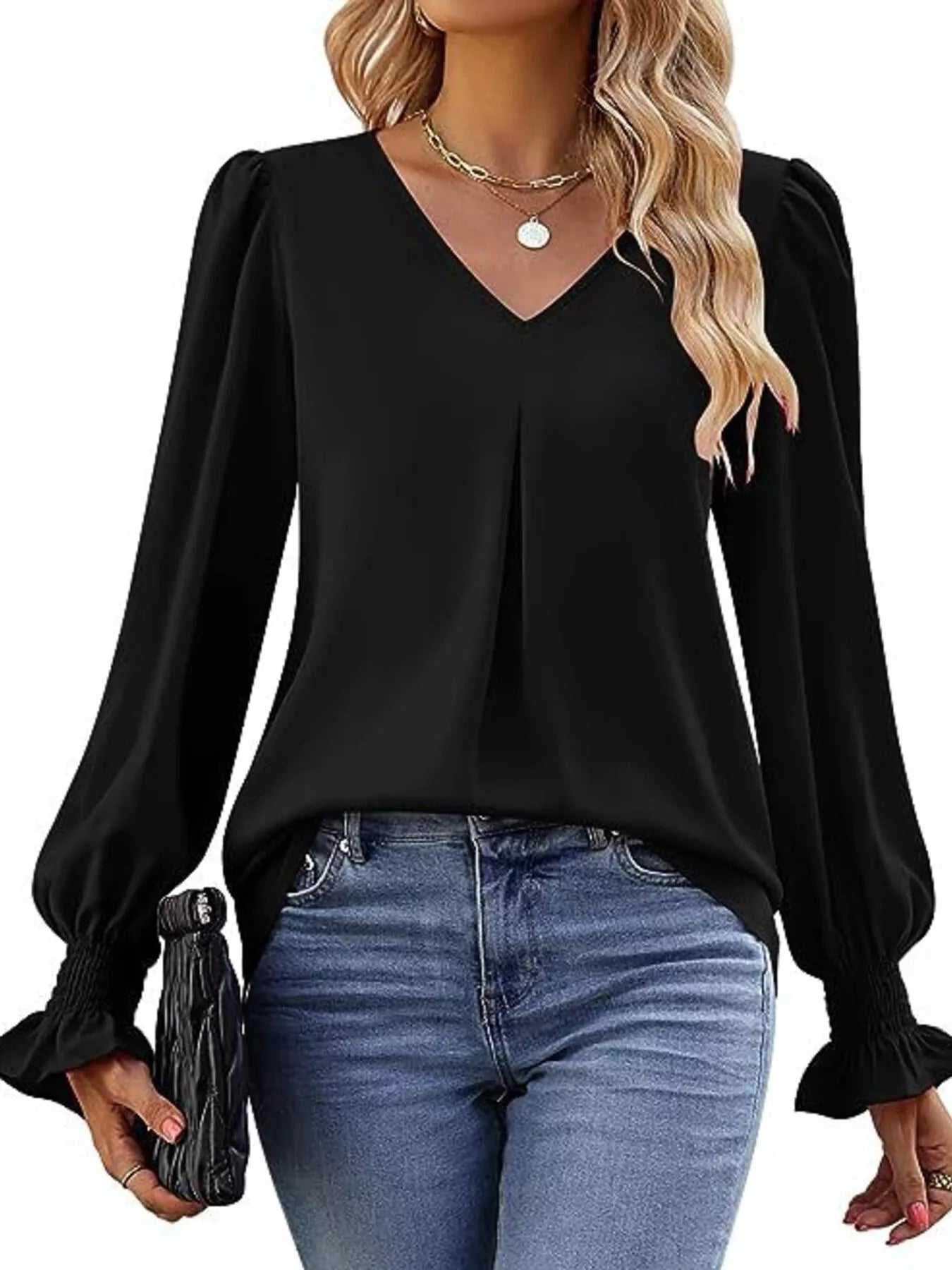 V-Neck Long Sleeve Ruffle Cuff Blouse