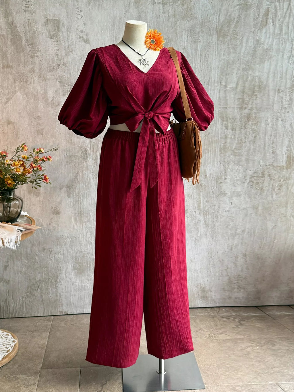 Plus Size Tie-Front Puff Sleeve Top and Wide-Leg Pants Set