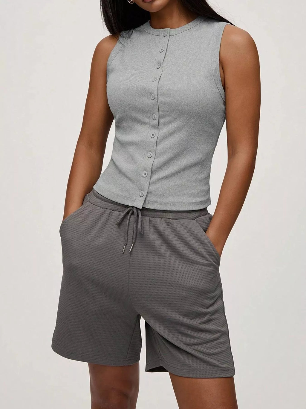 Ribbed Button-Front Sleeveless Tank