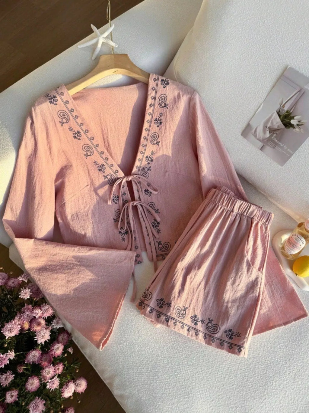 Embroidered Tie-Front Top & Shorts Set