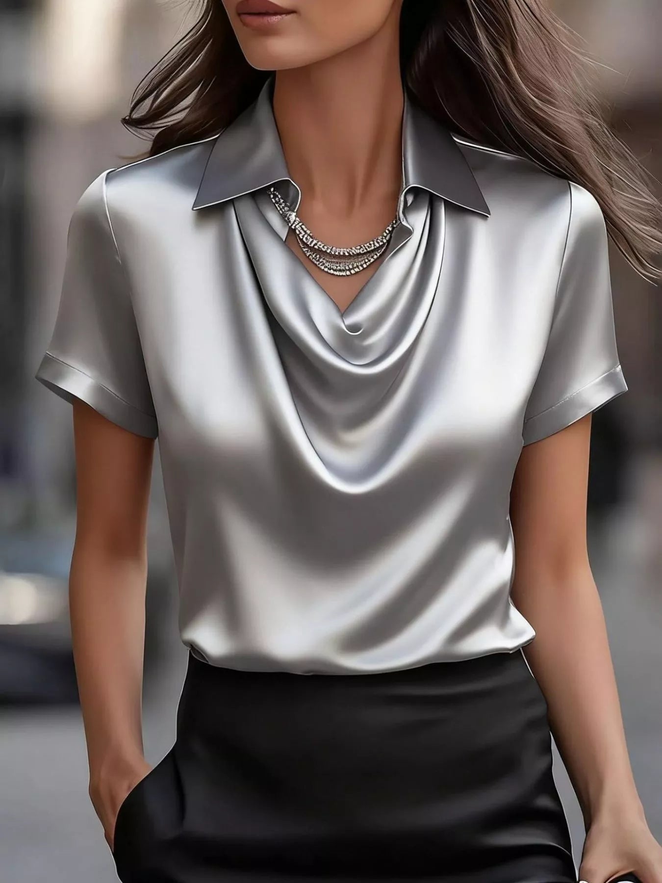 Full Size Satin Cowl Neck Blouse Plus Size