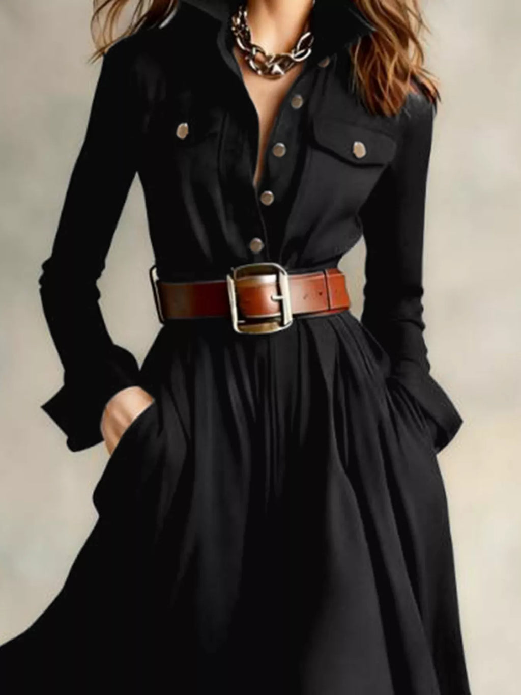 Button Front Long Sleeve Maxi Dress