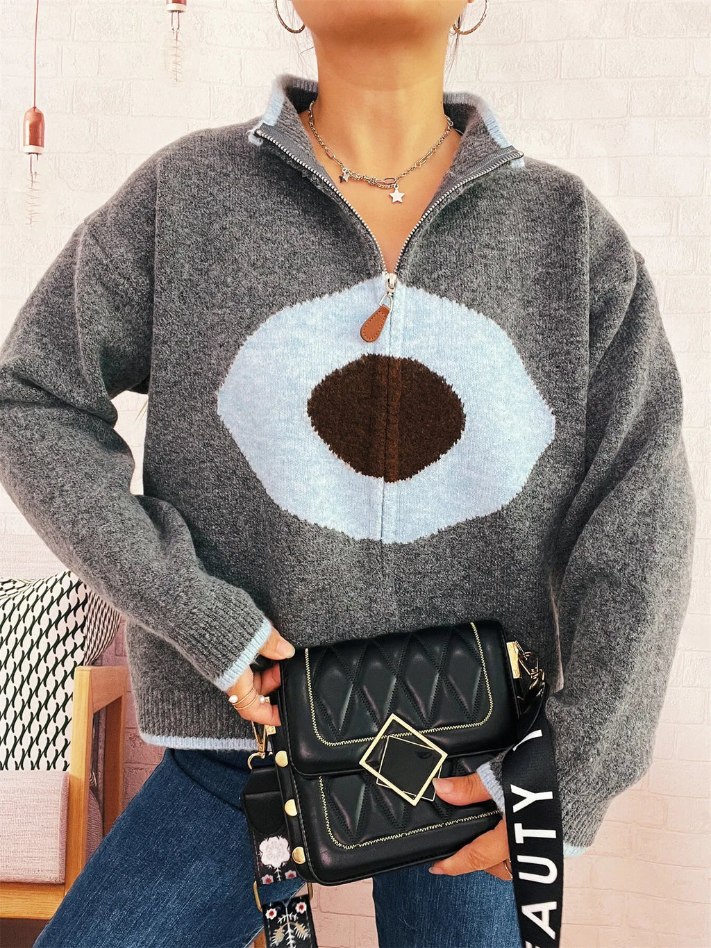 Zip-Up Contrast Trim Cardigan