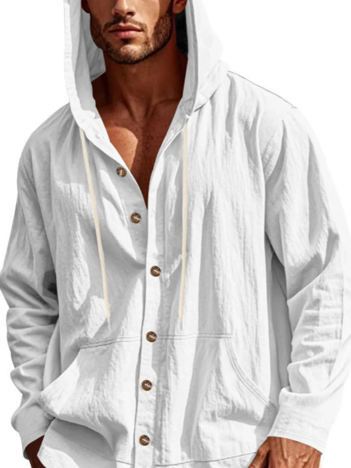 Men's Full Size Drawstring Button Up Hooded Top Plus Size