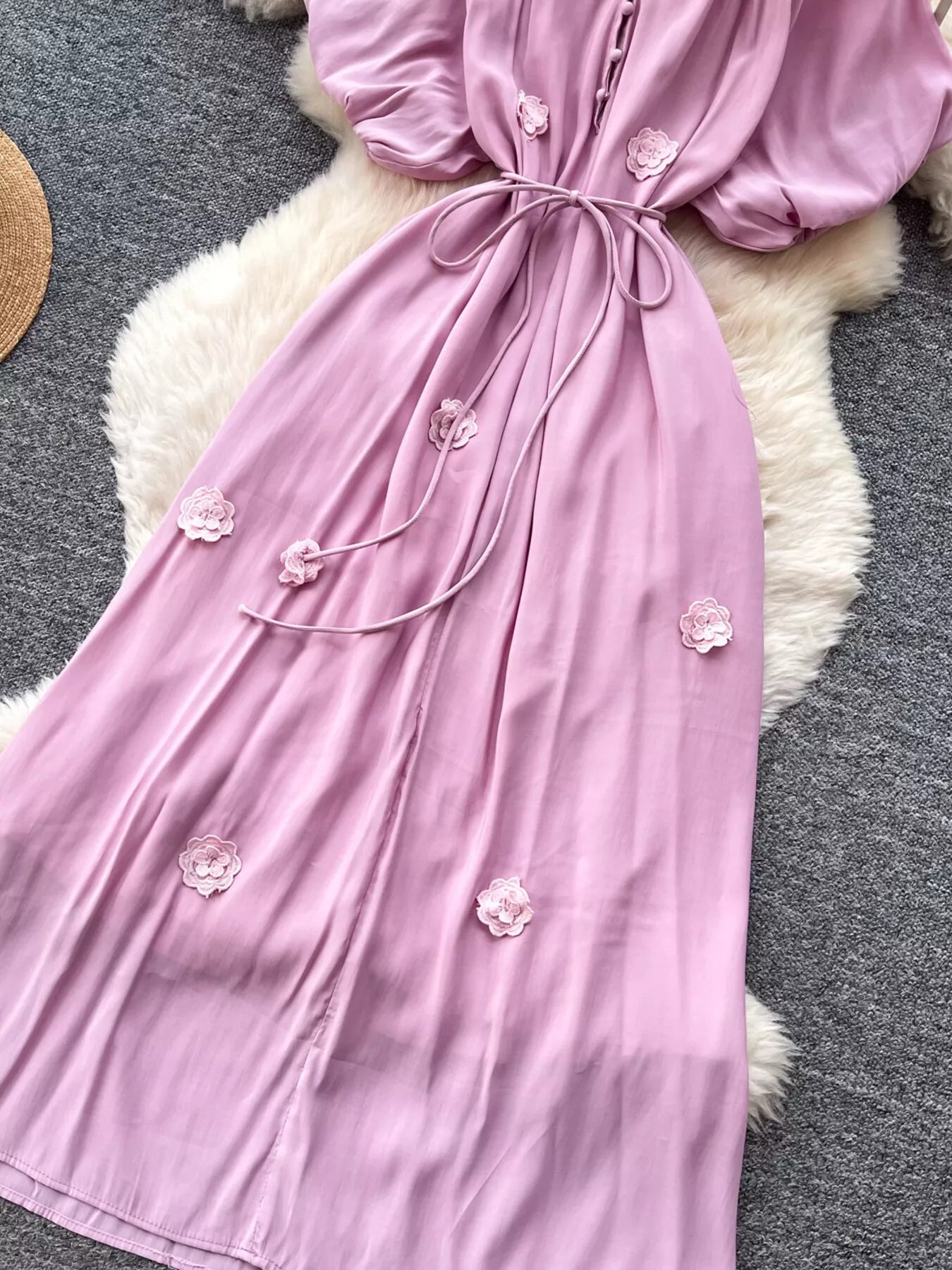 Floral Decor Tie Waist Puff Sleeve Dress