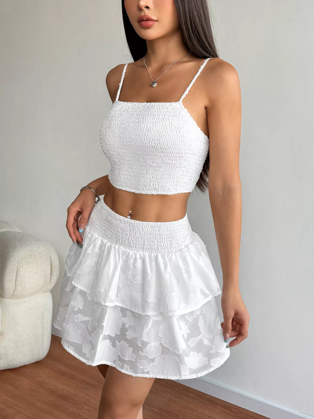 Smocked Crop Top & Ruffle Mini Skirt Set