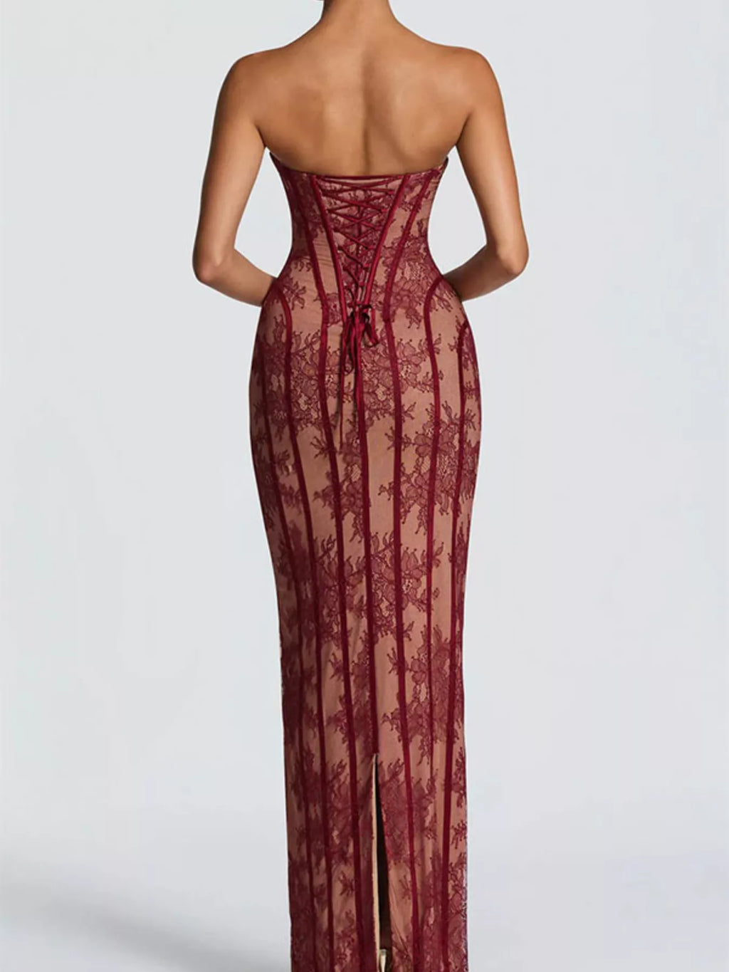 Lace Up Back Strapless Maxi Dress