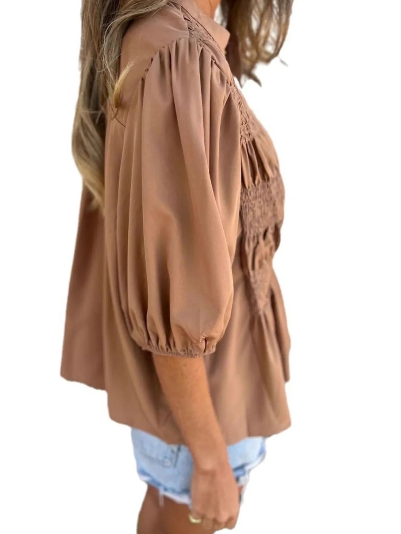 Full Size Smocked Puff Sleeve Blouse Plus Size