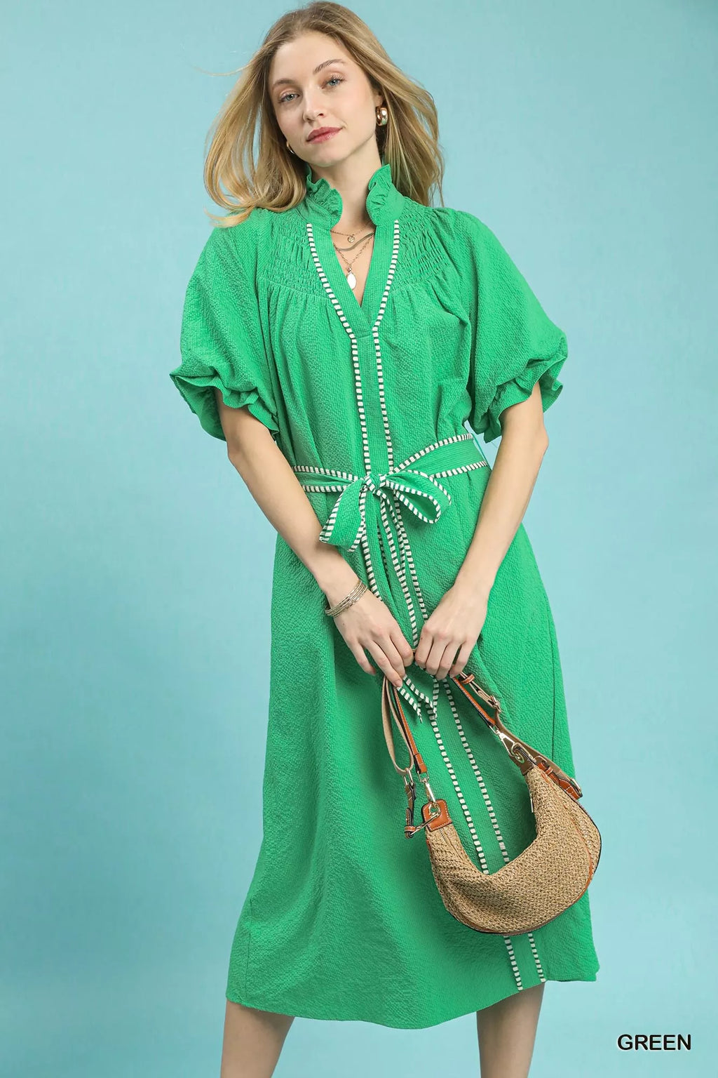 Umgee Ruffle Collar Midi Dress with Stripe Trim