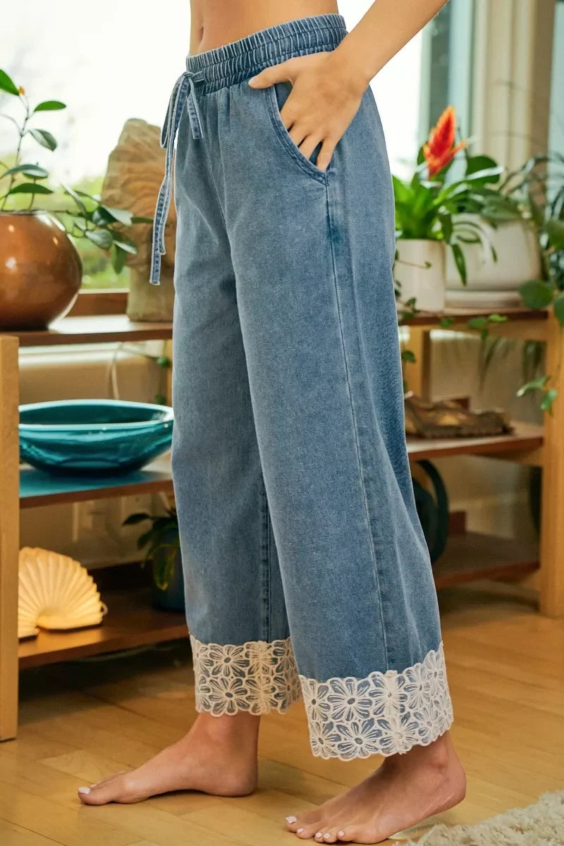 BiBi Washed Denim Waist Flower Lace Trim Pants
