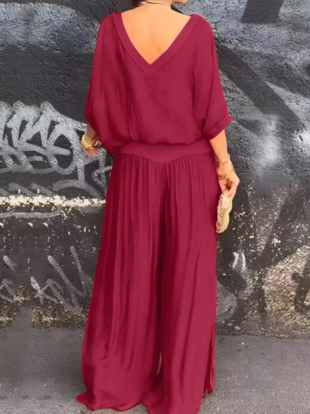 V-Neck Top and Wide Leg Pants Two-Piece Set