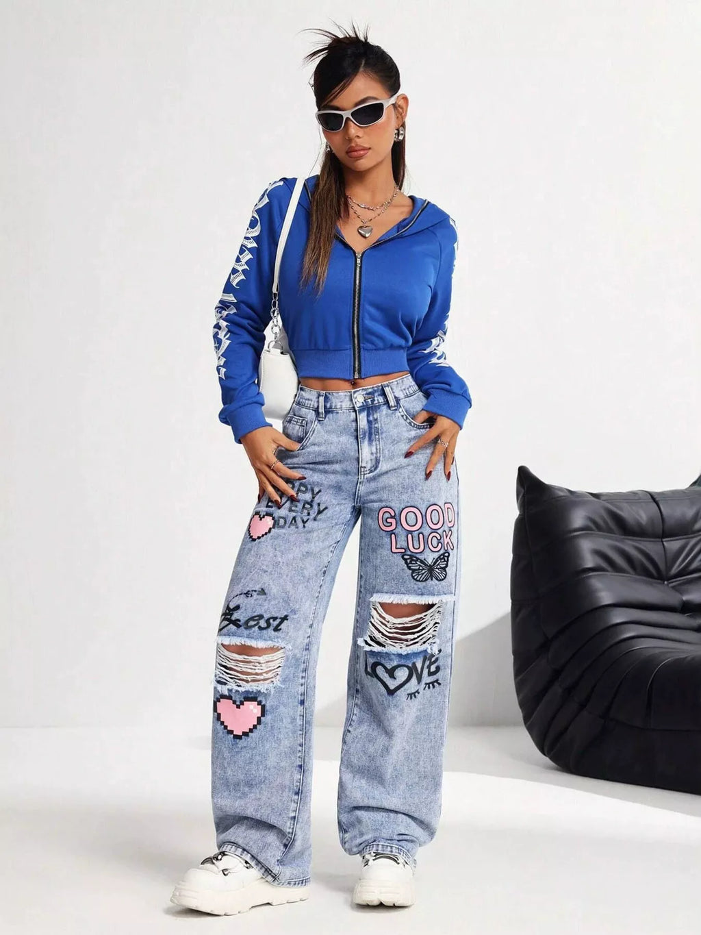 Graffiti Print Ripped Wide Leg Jeans