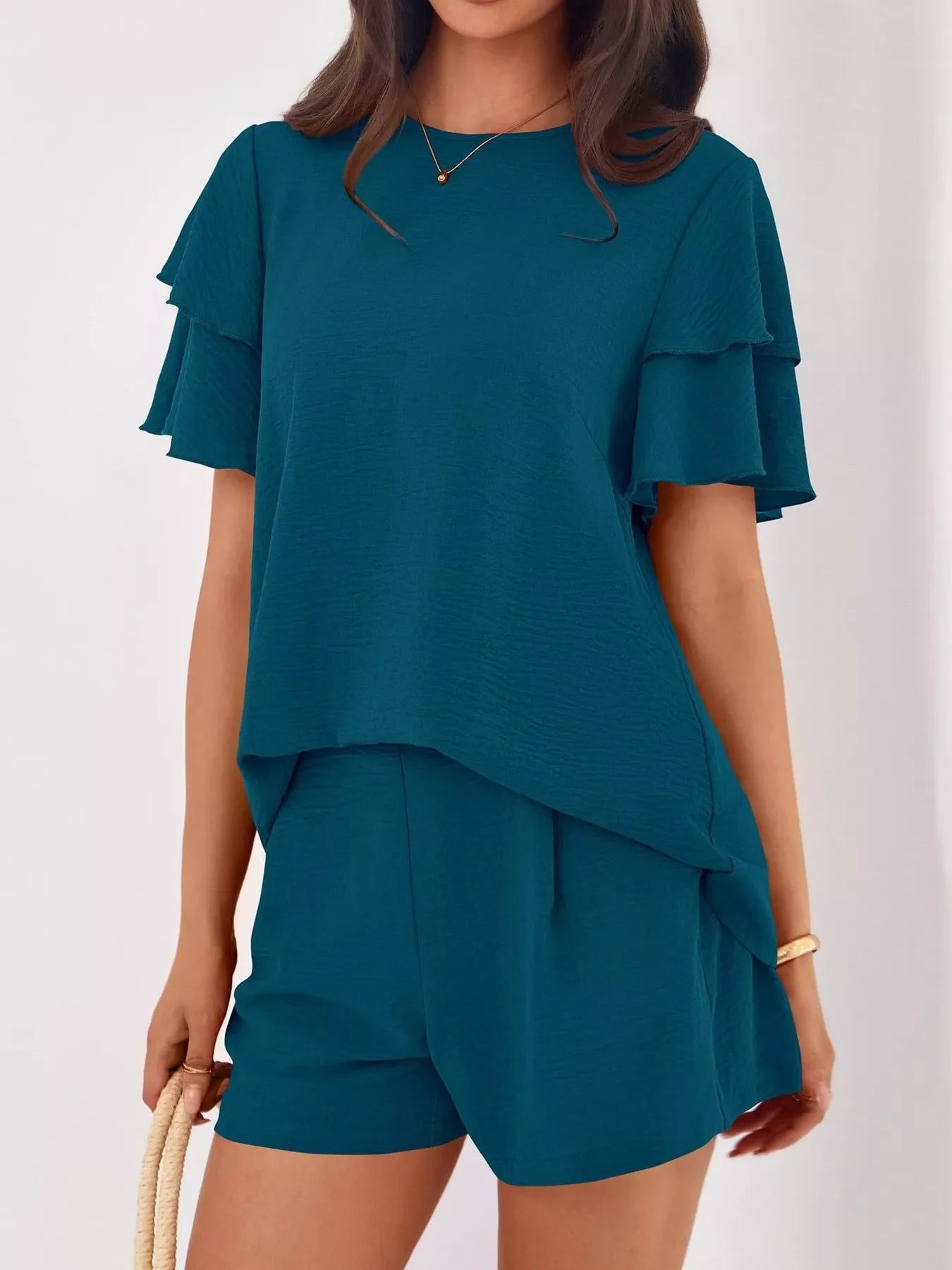 Ruffle Sleeve Top and Shorts Two-Piece Set