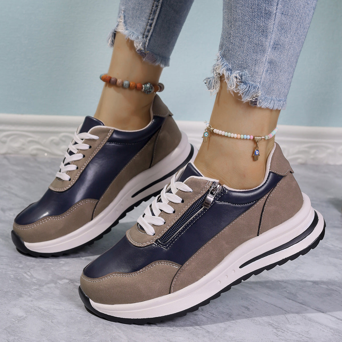 Zipper Detail Lace Up Sneakers