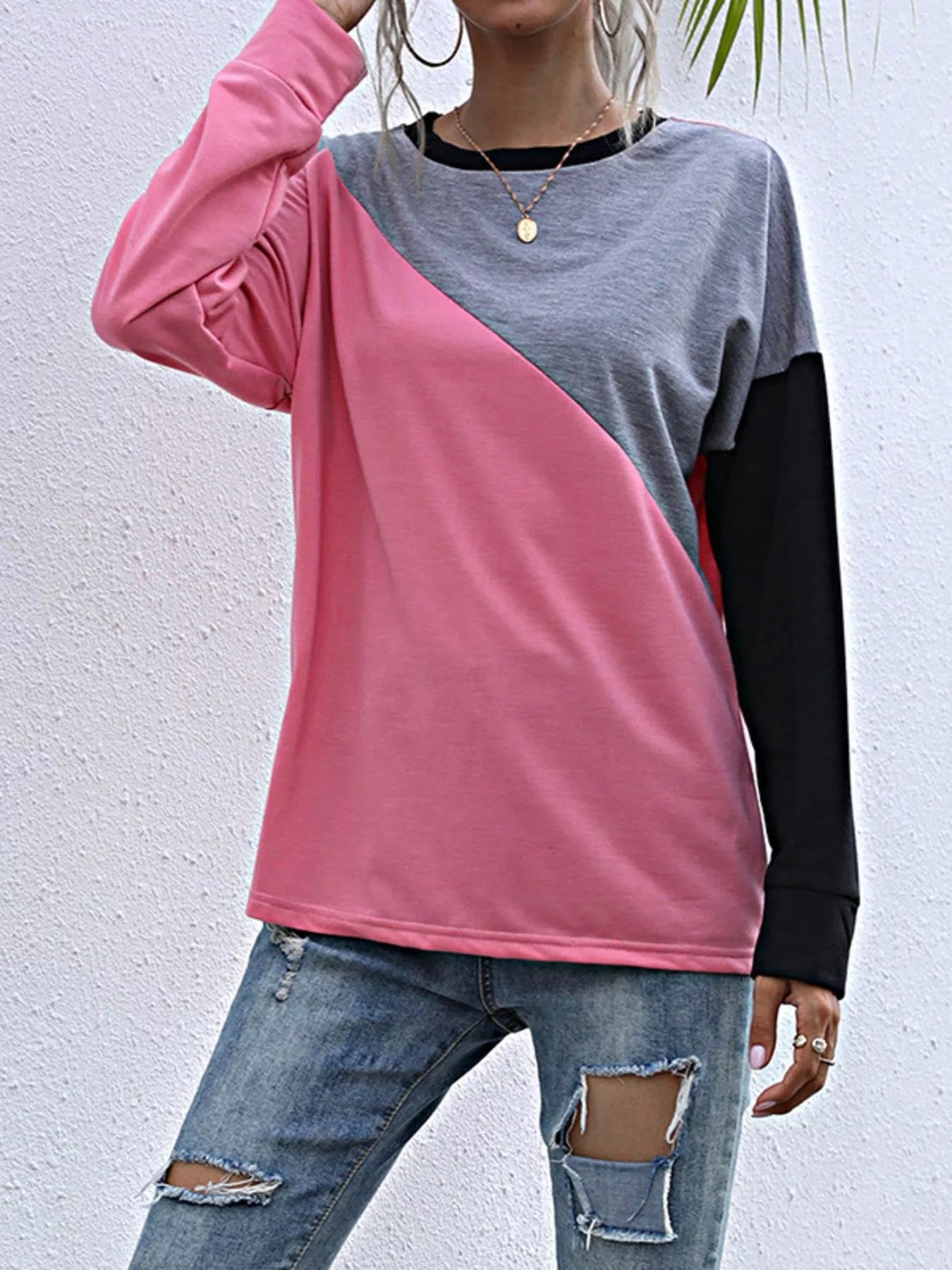 Color Block Casual Round Neck Sweatshirt