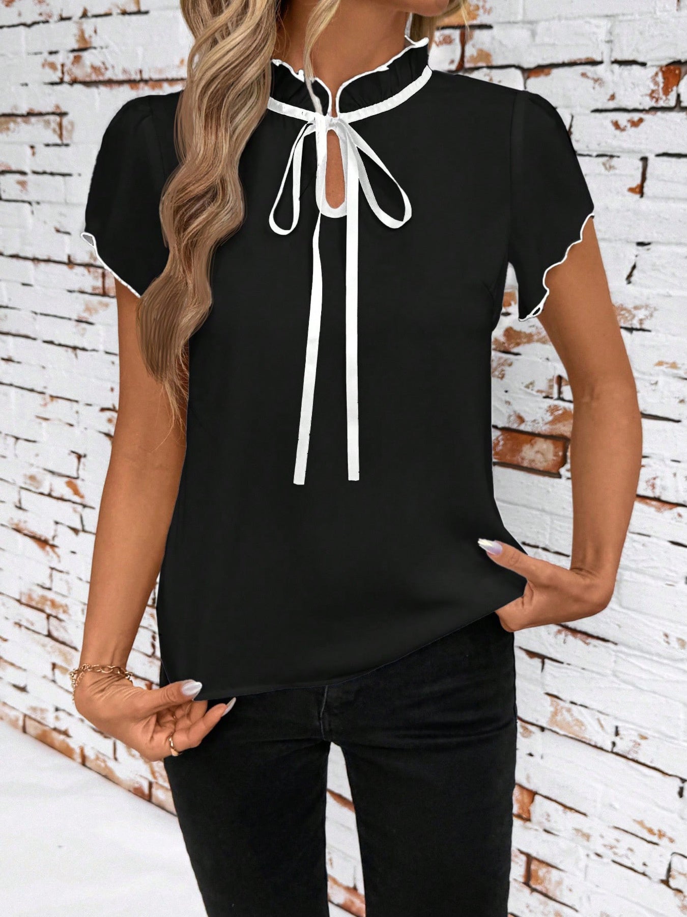Tie Neck Short Sleeve Blouse