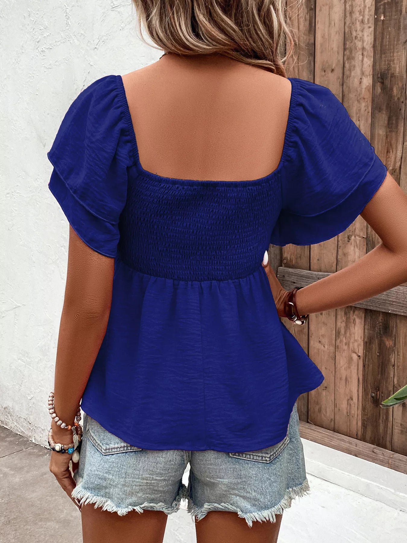 Smocked Square Neck Ruffle Sleeve Blouse