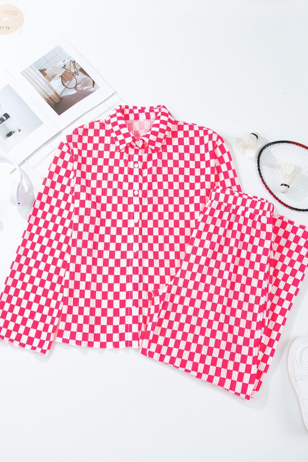 Checkerboard Print Long Sleeve Top and Pants Set
