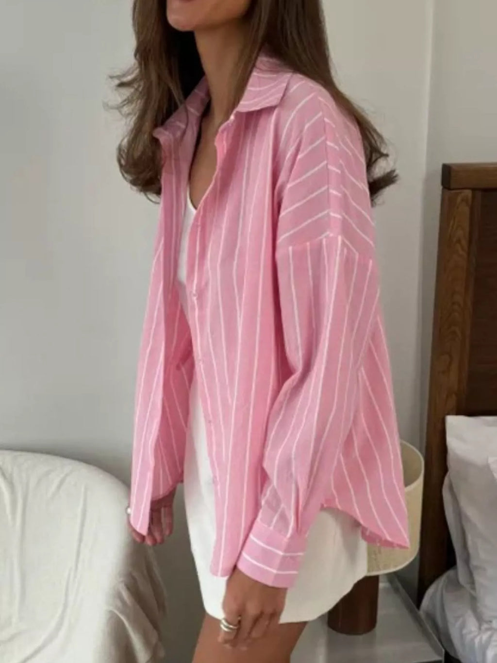 Button Down Striped Collared Neck Long Sleeve Shirt