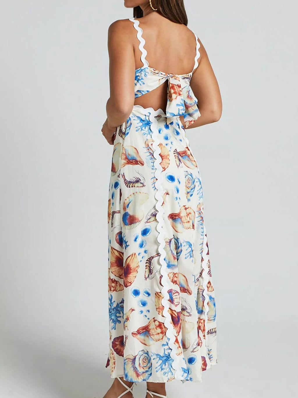 Seashell Print Scalloped Midi Dress