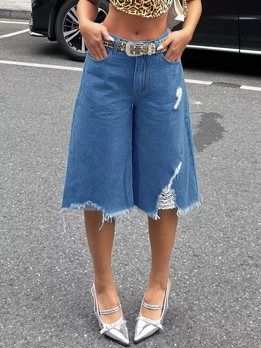 Raw Hem Distressed Denim Shorts