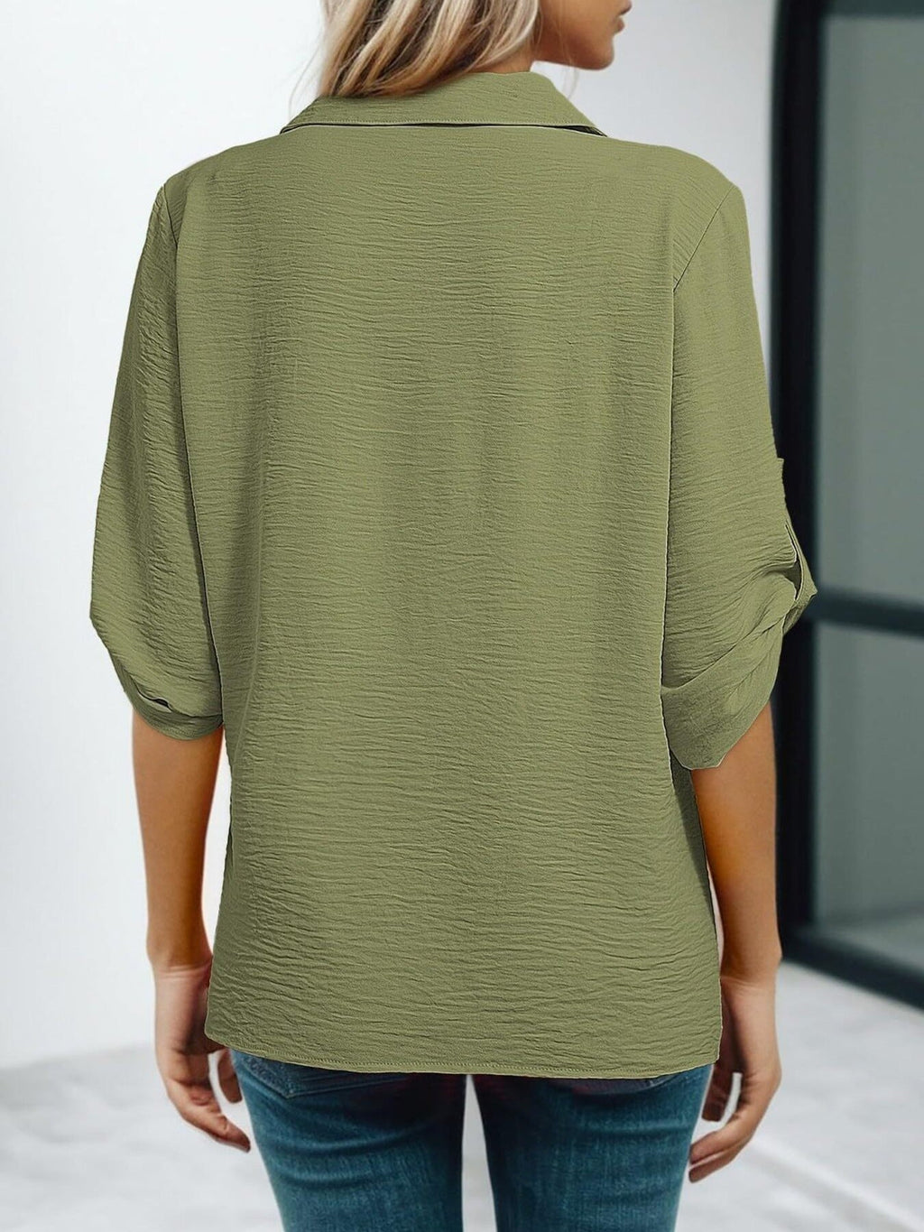 Johnny Collar Roll-Up Sleeve Blouse