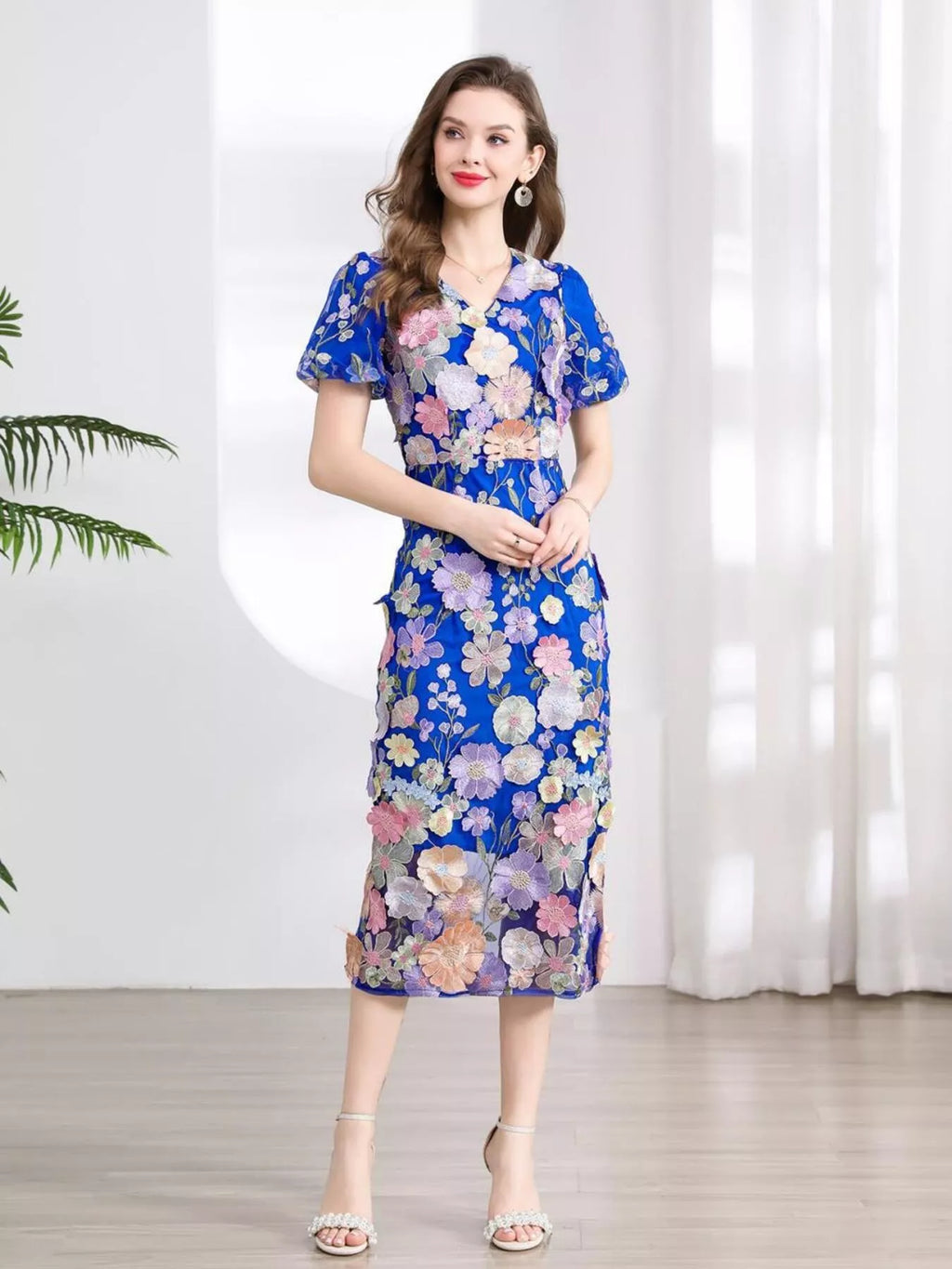 Floral Embroidered Puff Sleeve Midi Dress