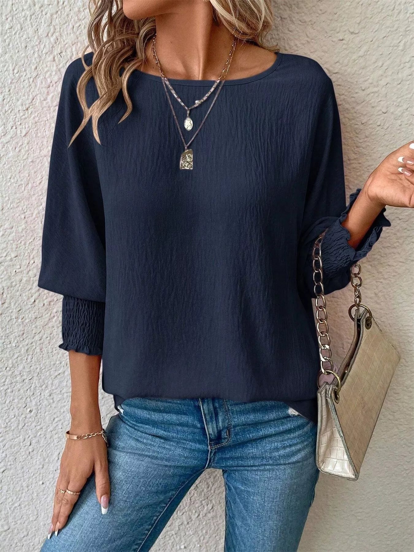 Textured Smocked Cuff Blouse