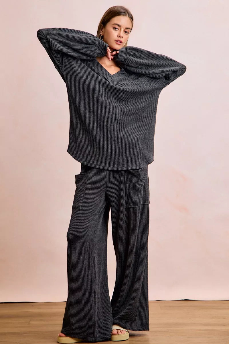 BiBi Two Tone Cord Rib Contrast Stitching V-Neck Top and Pants Set