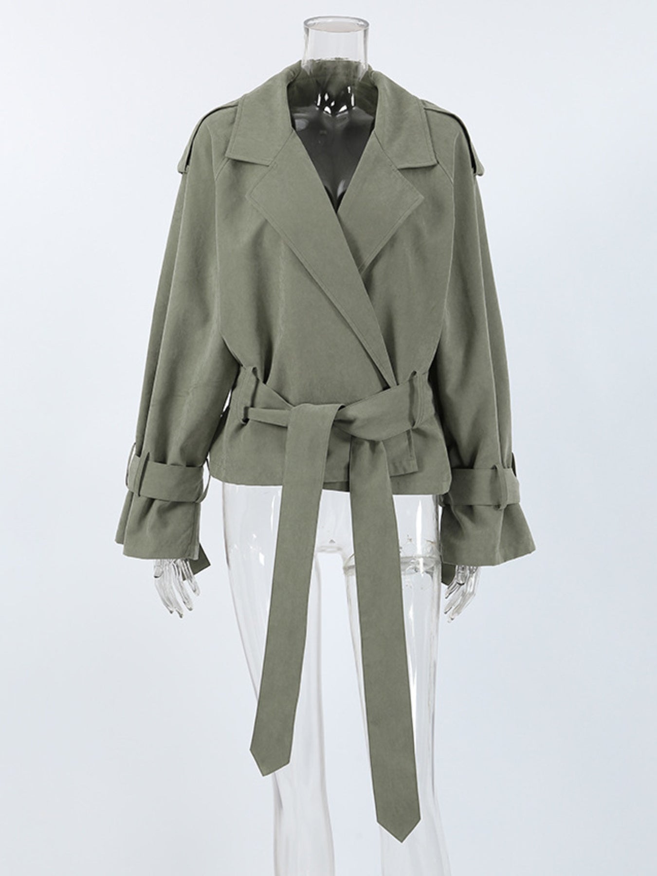 Lapel Collar Tie Waist Trench Jacket