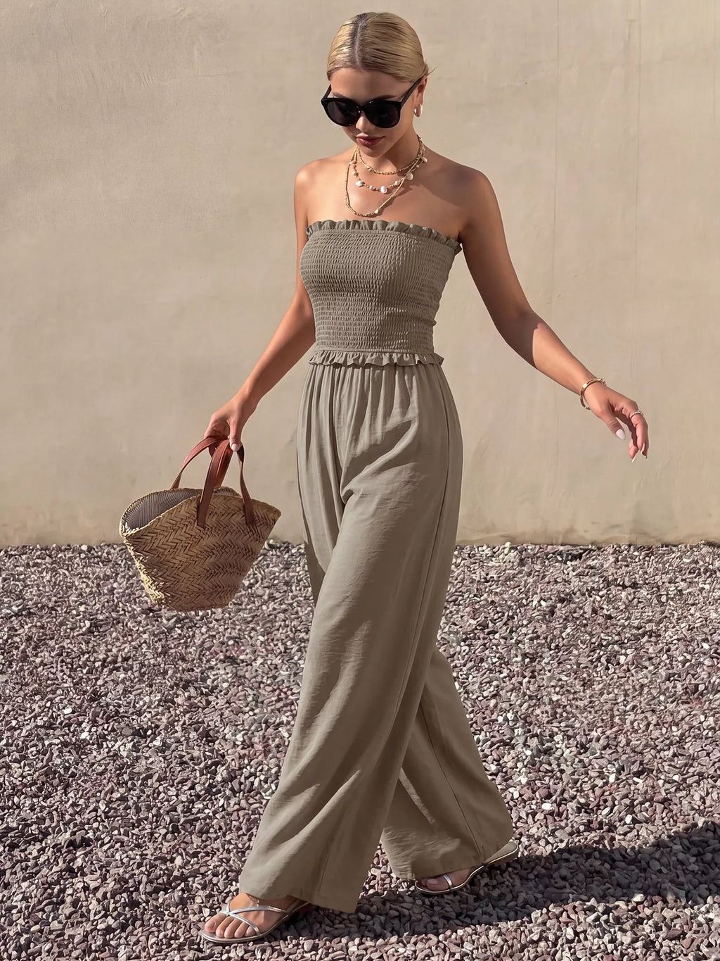 Smocked Strapless Wide Leg Jumpsuit
