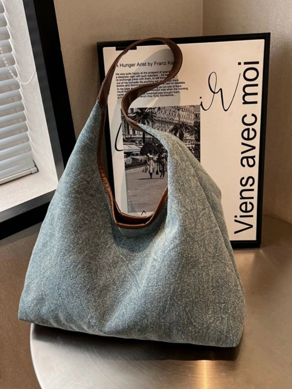 Denim Shoulder Bag with Leather Trim