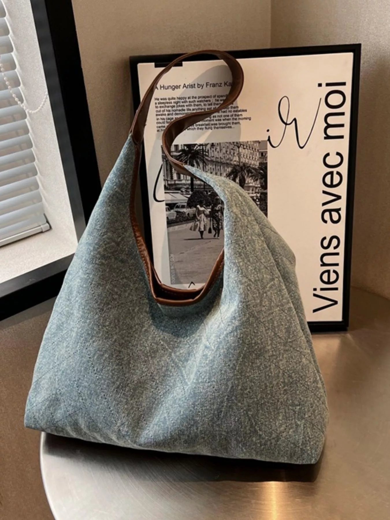 Denim Shoulder Bag with Leather Trim