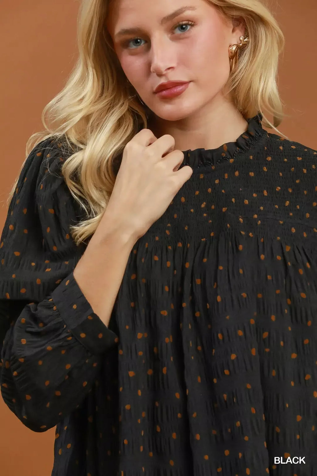 Umgee Polka Dot Smocked Detail Puff Sleeve Blouse